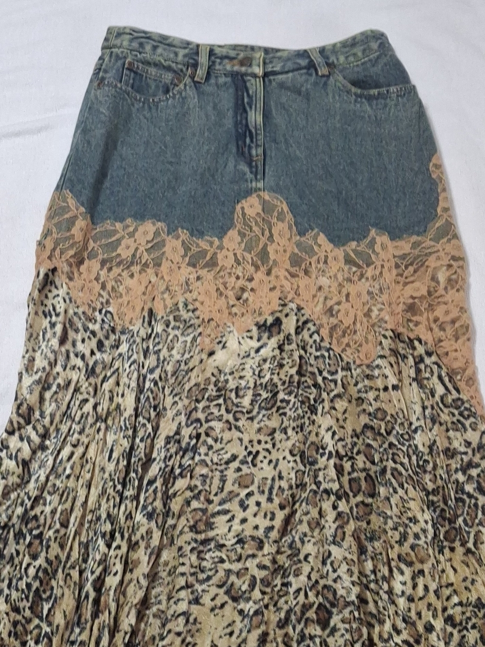 Newport News Denim Waist Leopard-Print Maxi Skirt with Beige Lace